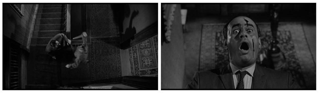 Zwei Screenshots aus dem Film "Psycho": Das erste Bild zeigt als Topshot, wie eine Person, die am oberen Ende einer Treppe steht, von einer anderen, von rechts kommenden Person in einer ausholenden Bewegung mit einem großen Messer attackiert wird. Im Zwe